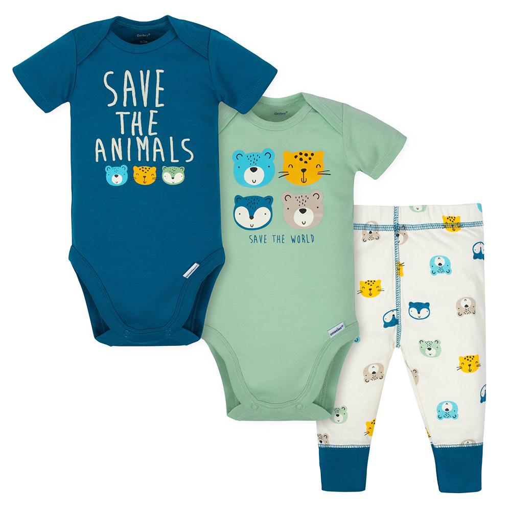 3-Piece Baby Boys Save the Animals Bodysuits & Pant Set