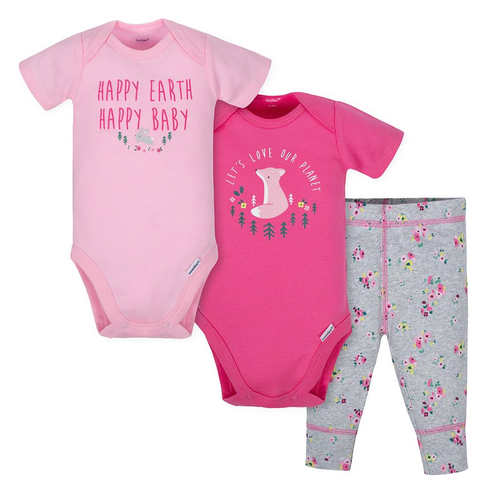 3-Piece Baby Girls Happy Earth Bodysuits & Pant Set