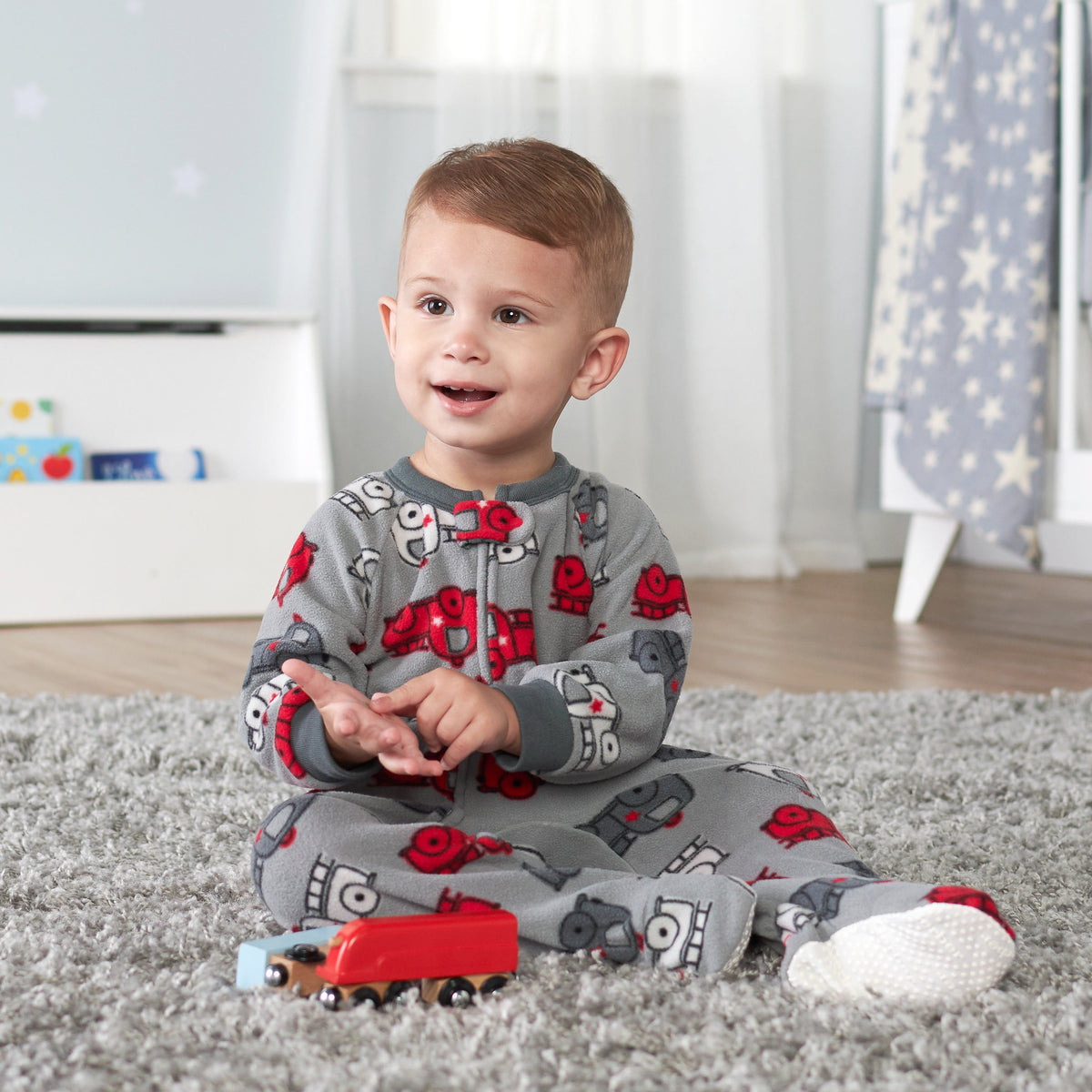 4-Pack Baby & Toddler Boys Fire Truck & Gingham Fleece Pajamas, lifestyle photo 1