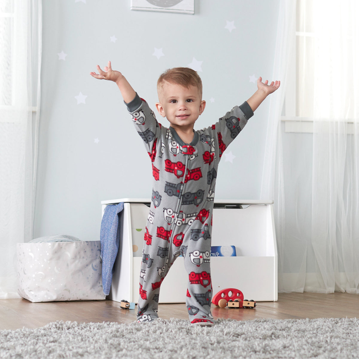 4-Pack Baby & Toddler Boys Fire Truck & Gingham Fleece Pajamas, lifestyle photo 4