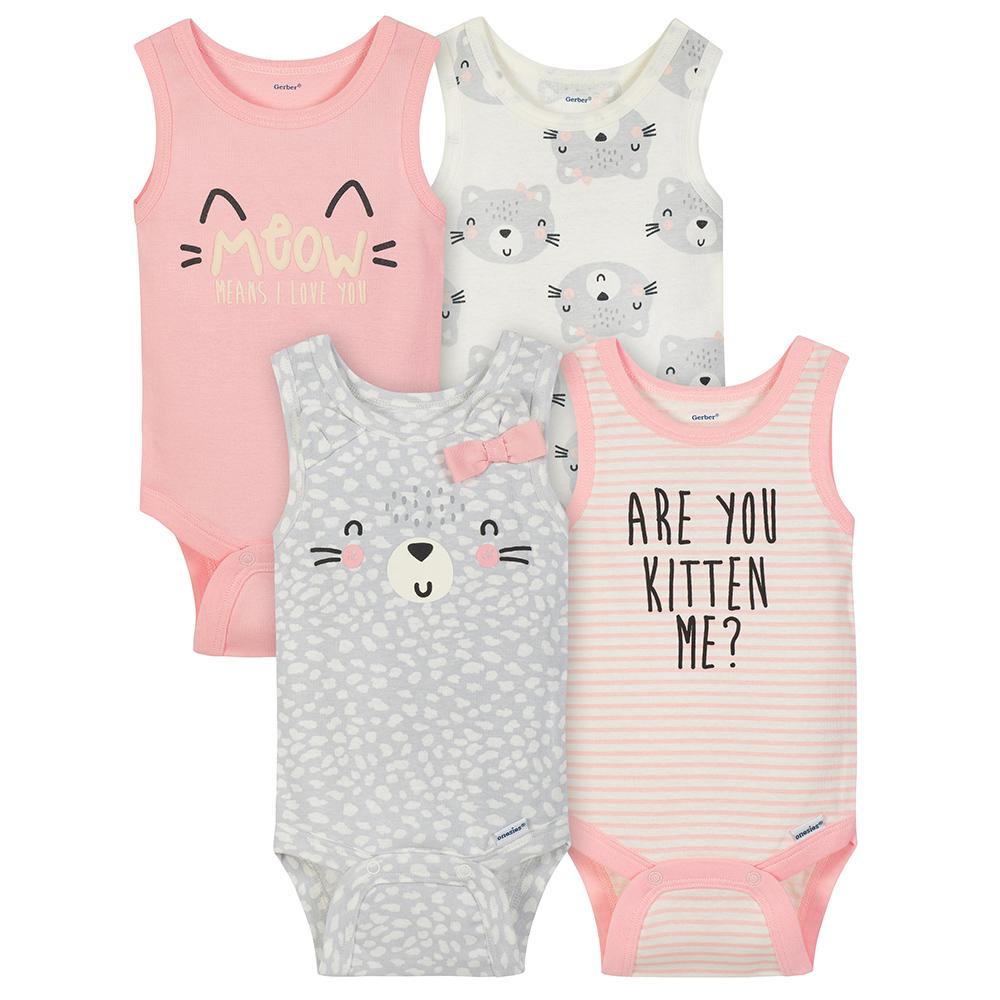 4-Pack Girls Kitten Sleeveless Onesies Bodysuits