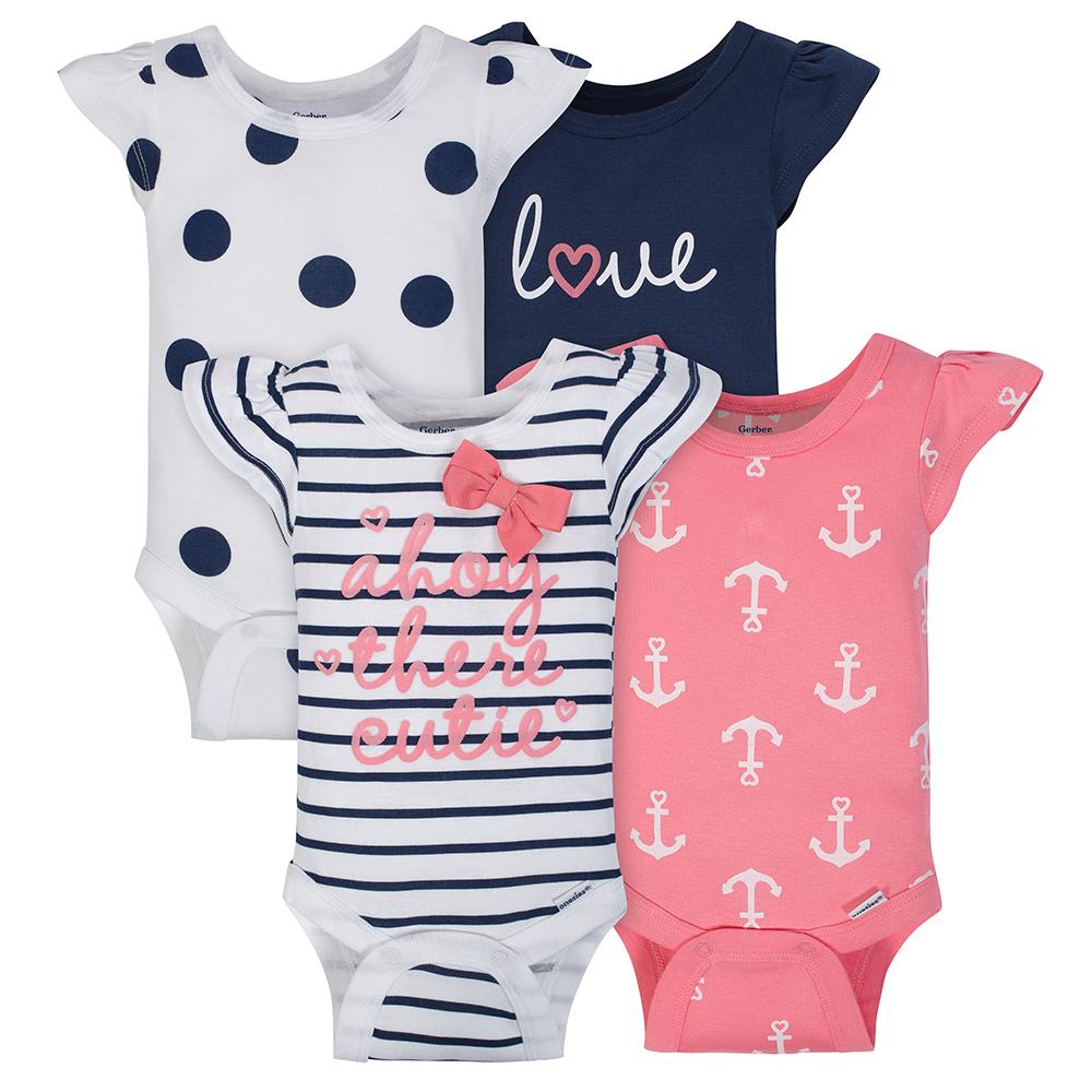 4-Pack Girls Navy & Pink Short Sleeve Onesies Bodysuits
