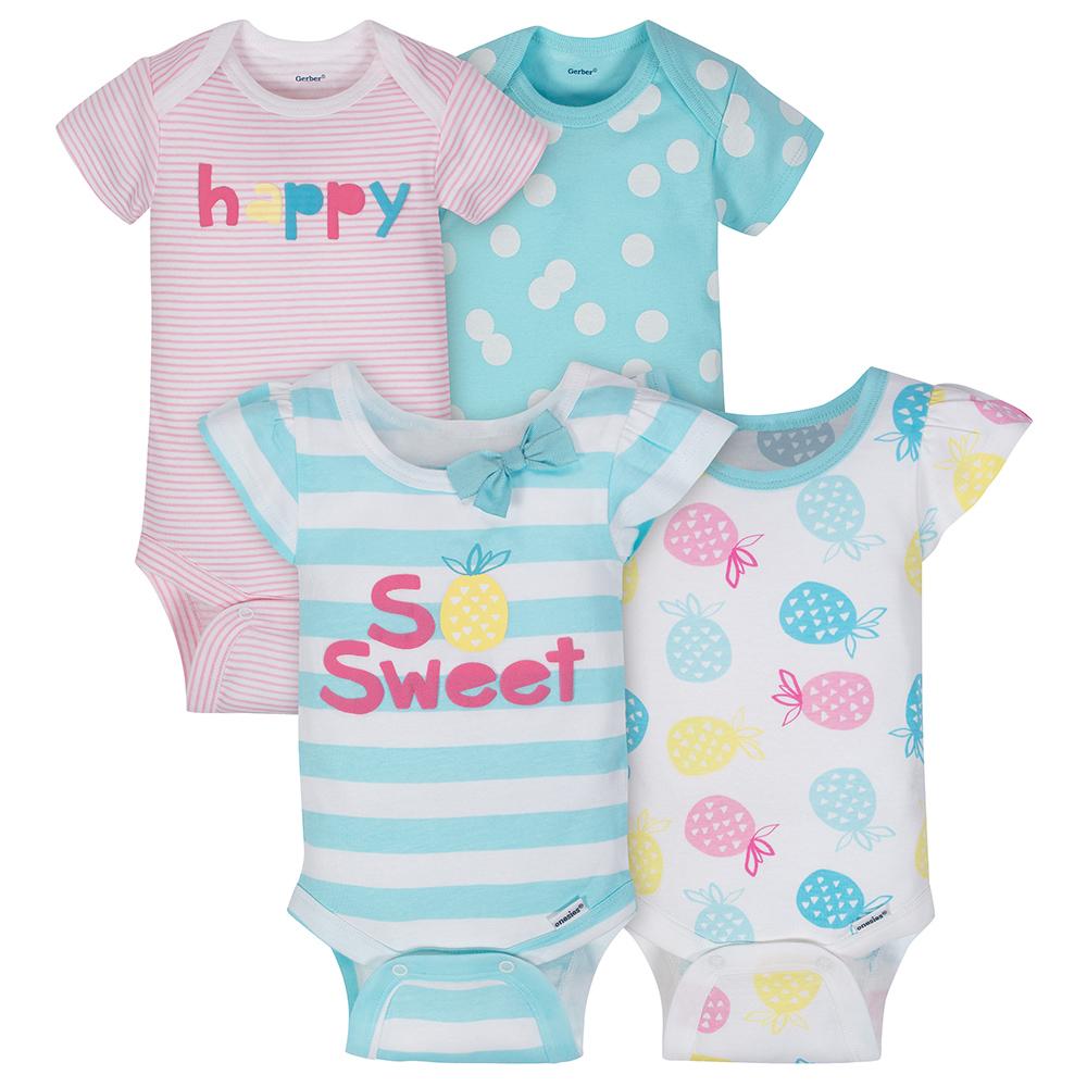4-Pack Girls Happy Short Sleeve Onesies Bodysuits