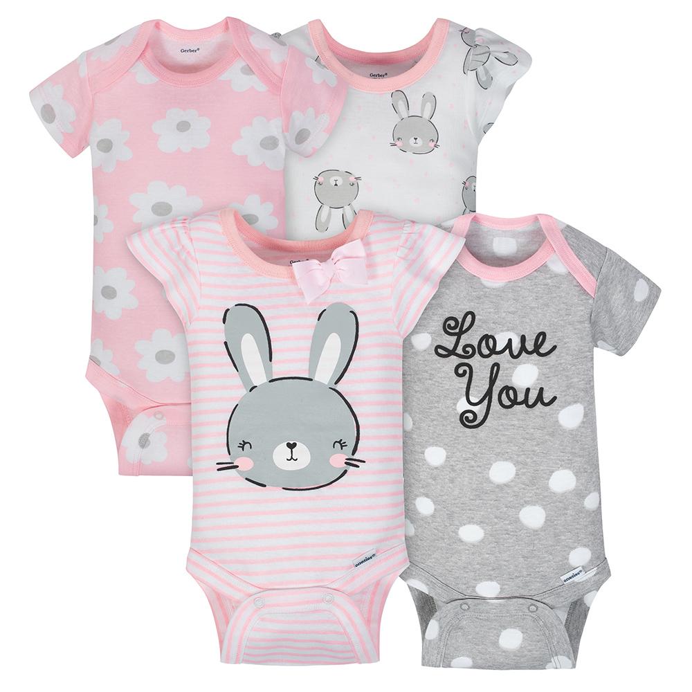4-Pack Girl Bunny Short Sleeve Onesies Bodysuits