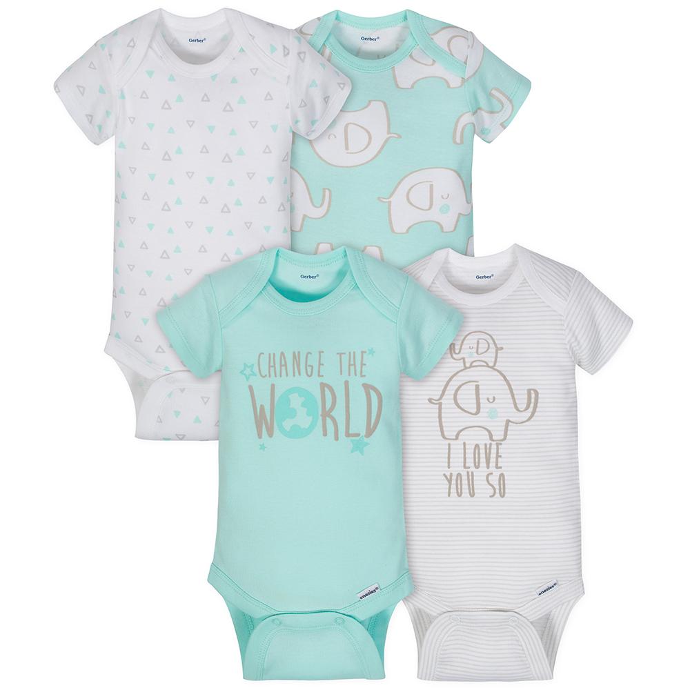 4-Pack Neutral Elephants Short Sleeve Onesies Bodysuits