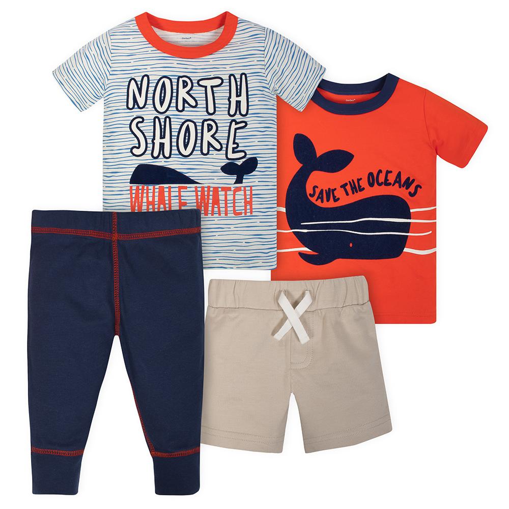 4-Piece Toddler Boys Whale Shirts, Shorts & Pants Set