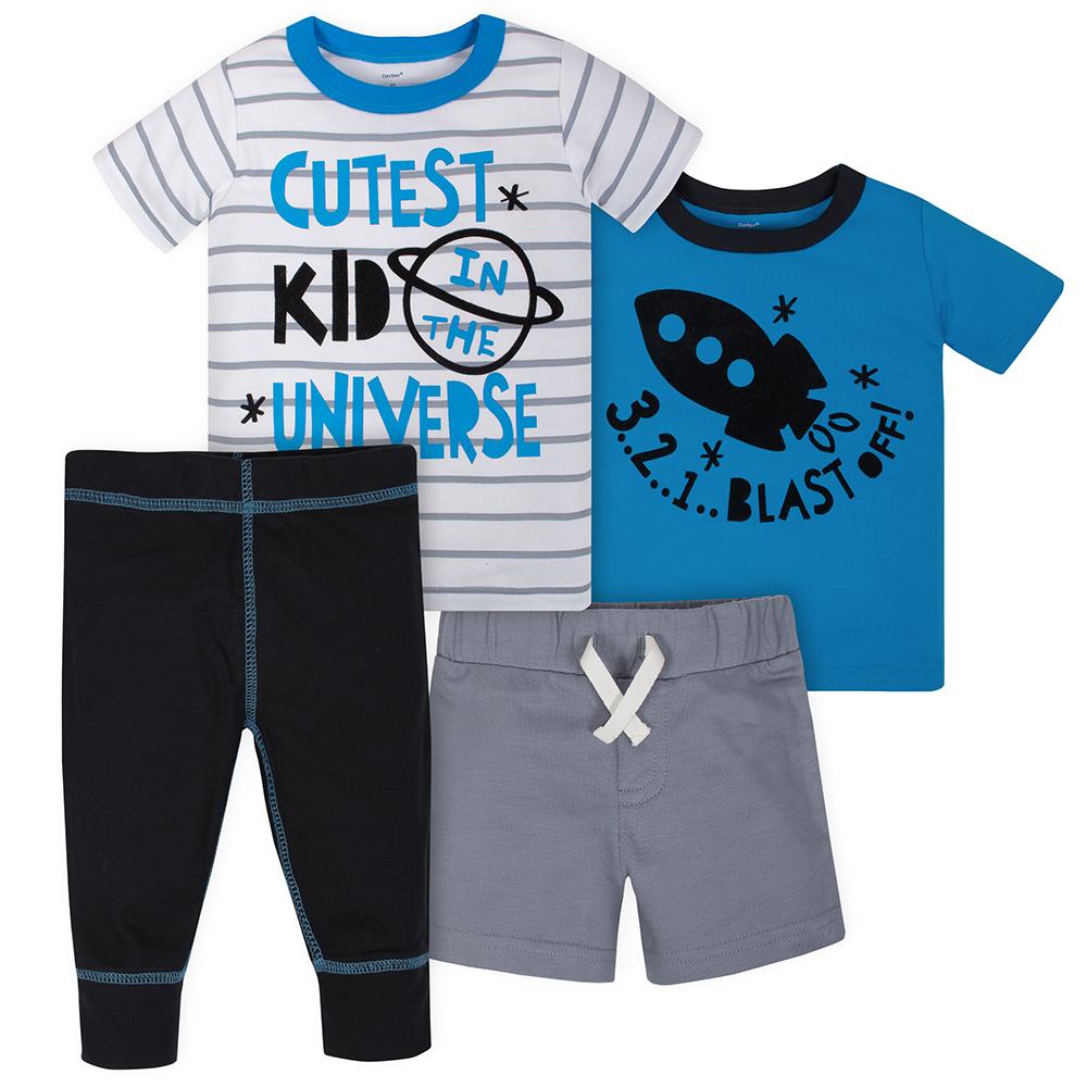 4-Piece Toddler Boys Rocket Ship Shirts, Shorts & Pants Set