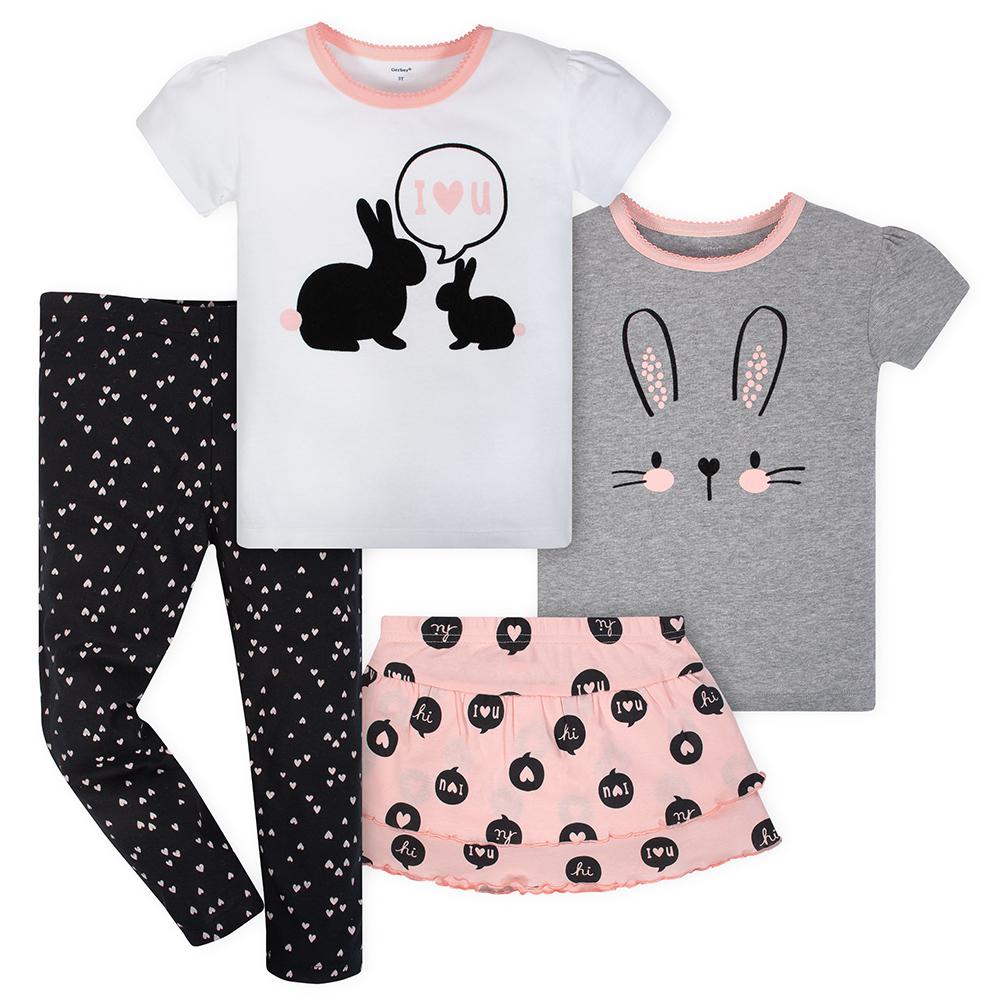 4-Piece Toddler Girls Bunny Shirts, Pant & Skort Set