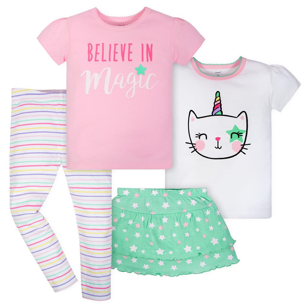 4-Piece Toddler Girls Pop Star Shirts, Pant and Skort Set