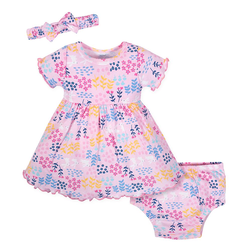 3-Piece Girls Bunny Garden Dress, Diaper Cover & Headband Set