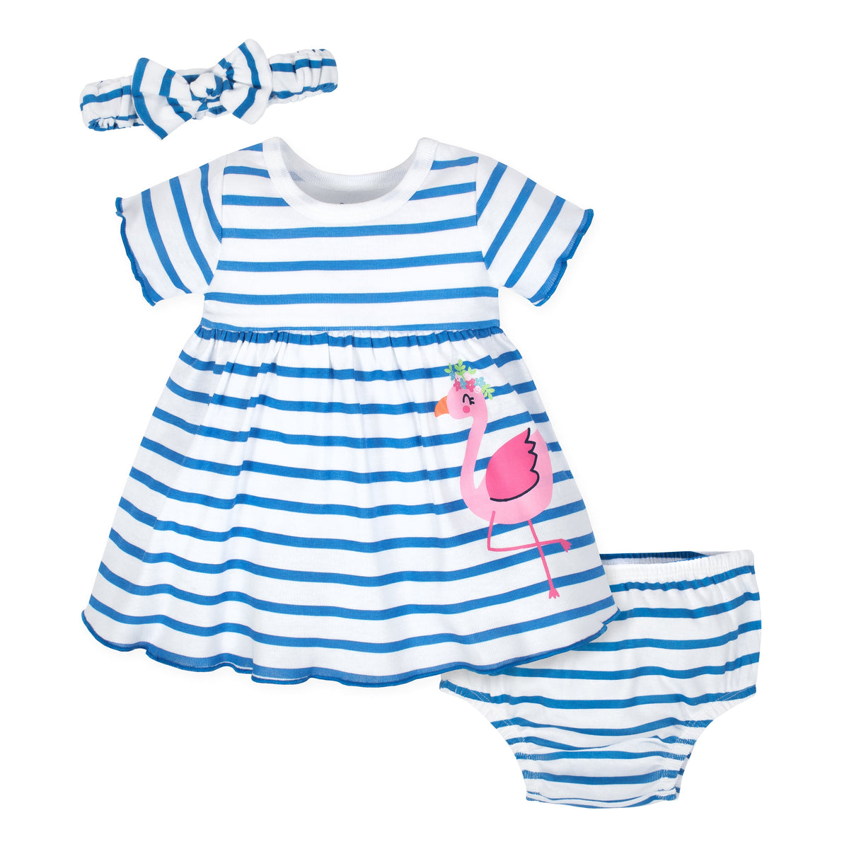 3-Piece Girls Striped Flamingo Dress, Diaper Cover & Headband Set