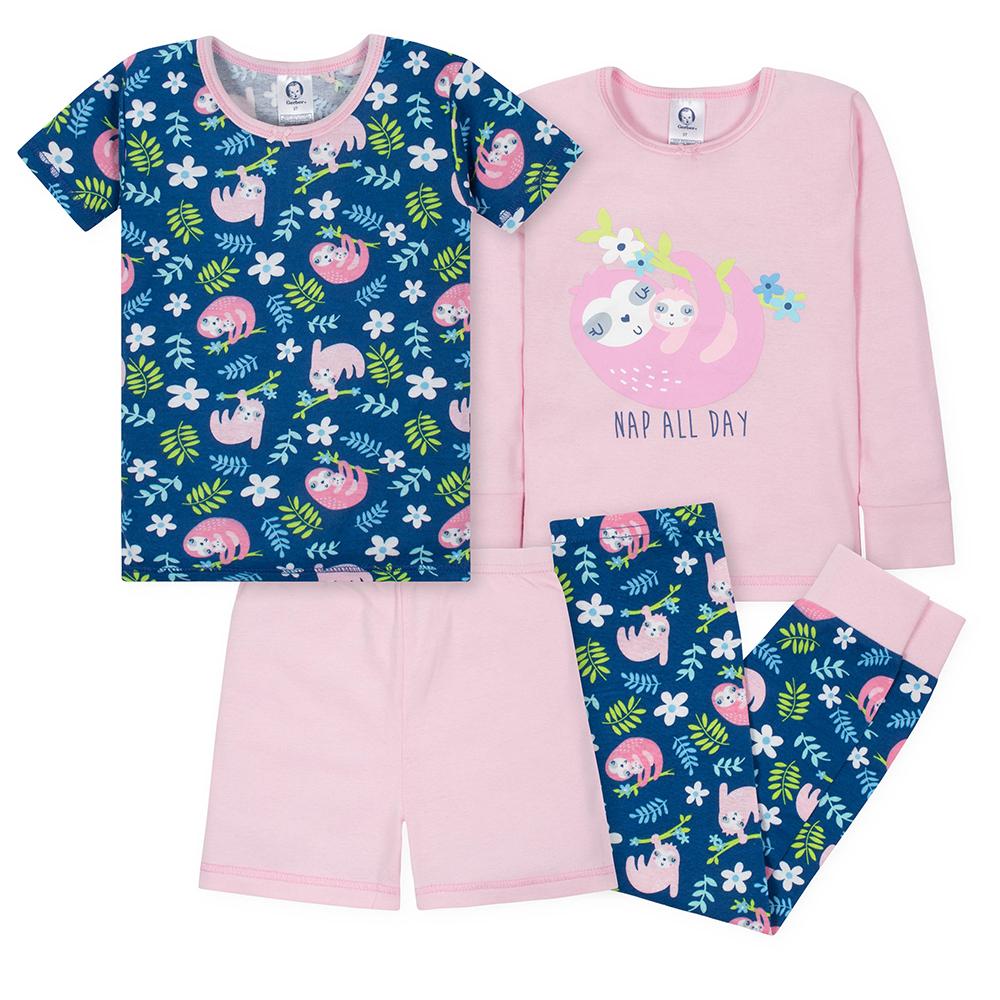 4-Piece Infant & Toddler Girls Sloths Snug Fit Pajama Set