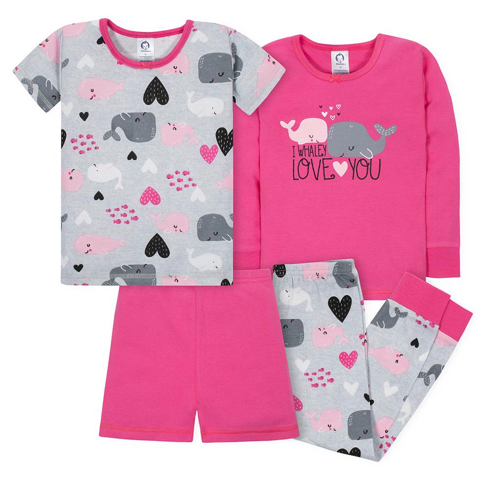 4-Piece Girls Whales Snug Fit Pajama Set