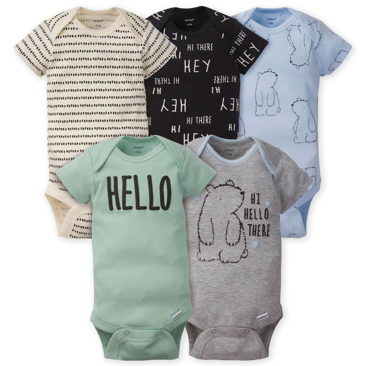 5-Pack Boys Bear Onesies Brand Short Sleeve Bodysuits
