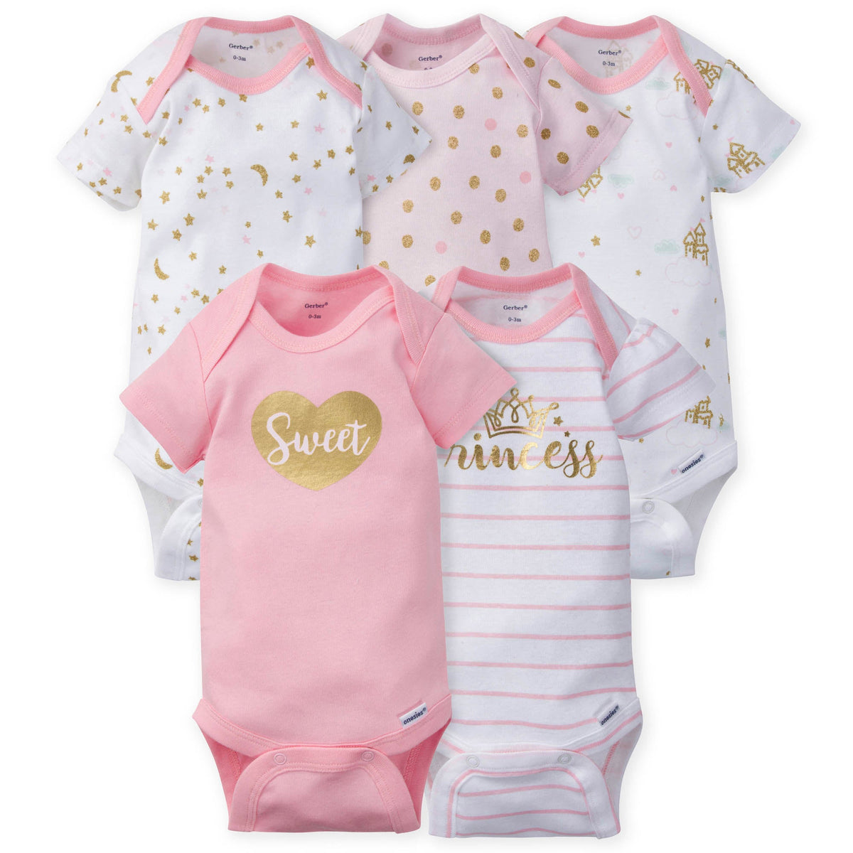 5-Pack Girls Princess Castle Short Sleeve Onesies Bodysuits
