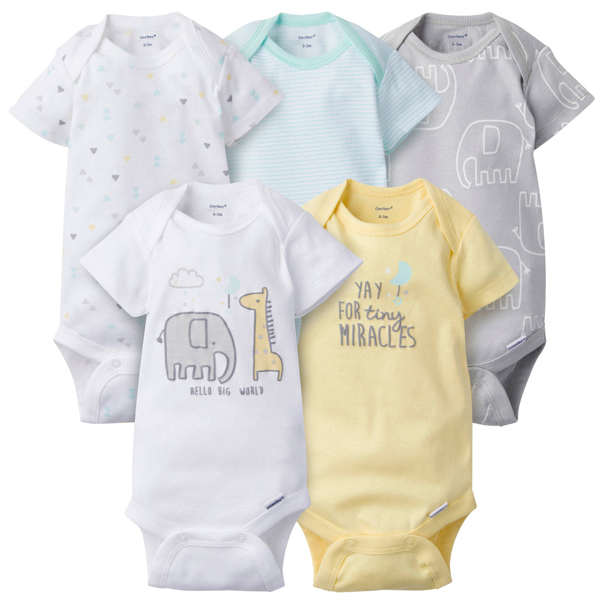 5-Pack Neutral Elephant Short Sleeve Onesies Bodysuits