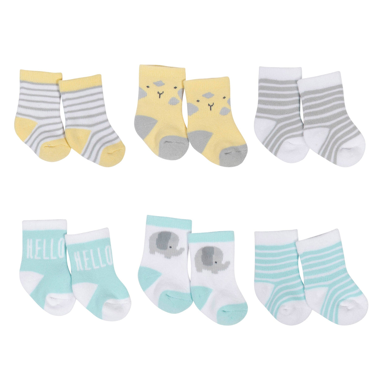 6-Pack Neutral Elephant Wiggle Proof Terry Crew Socks