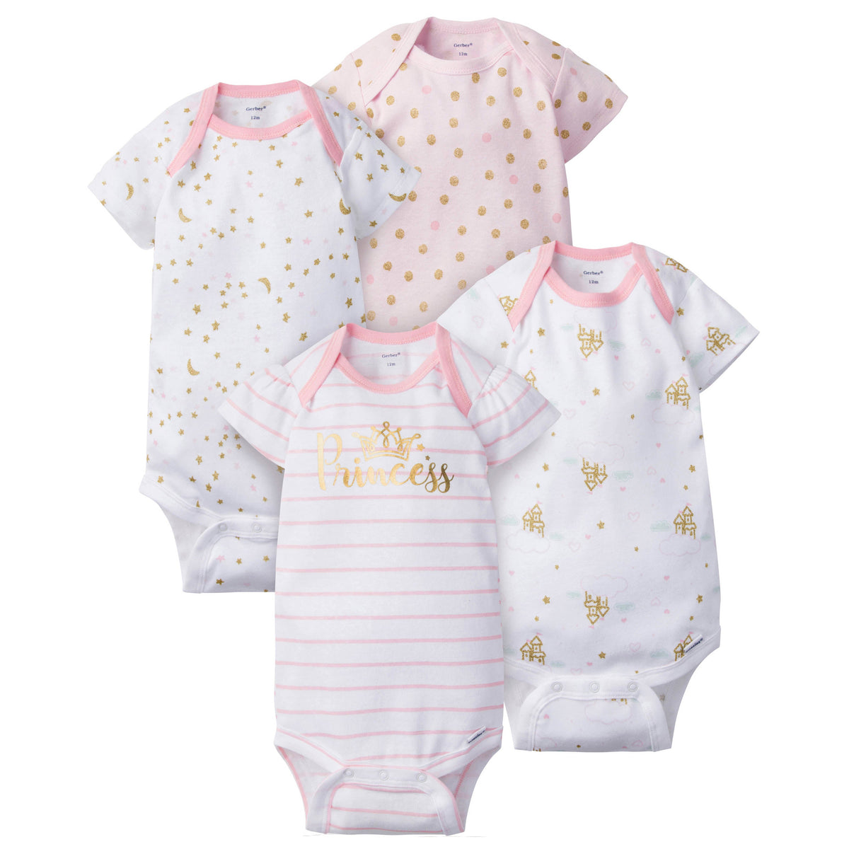 4-Pack Girls Princess Castle Short Sleeve Onesies Bodysuits