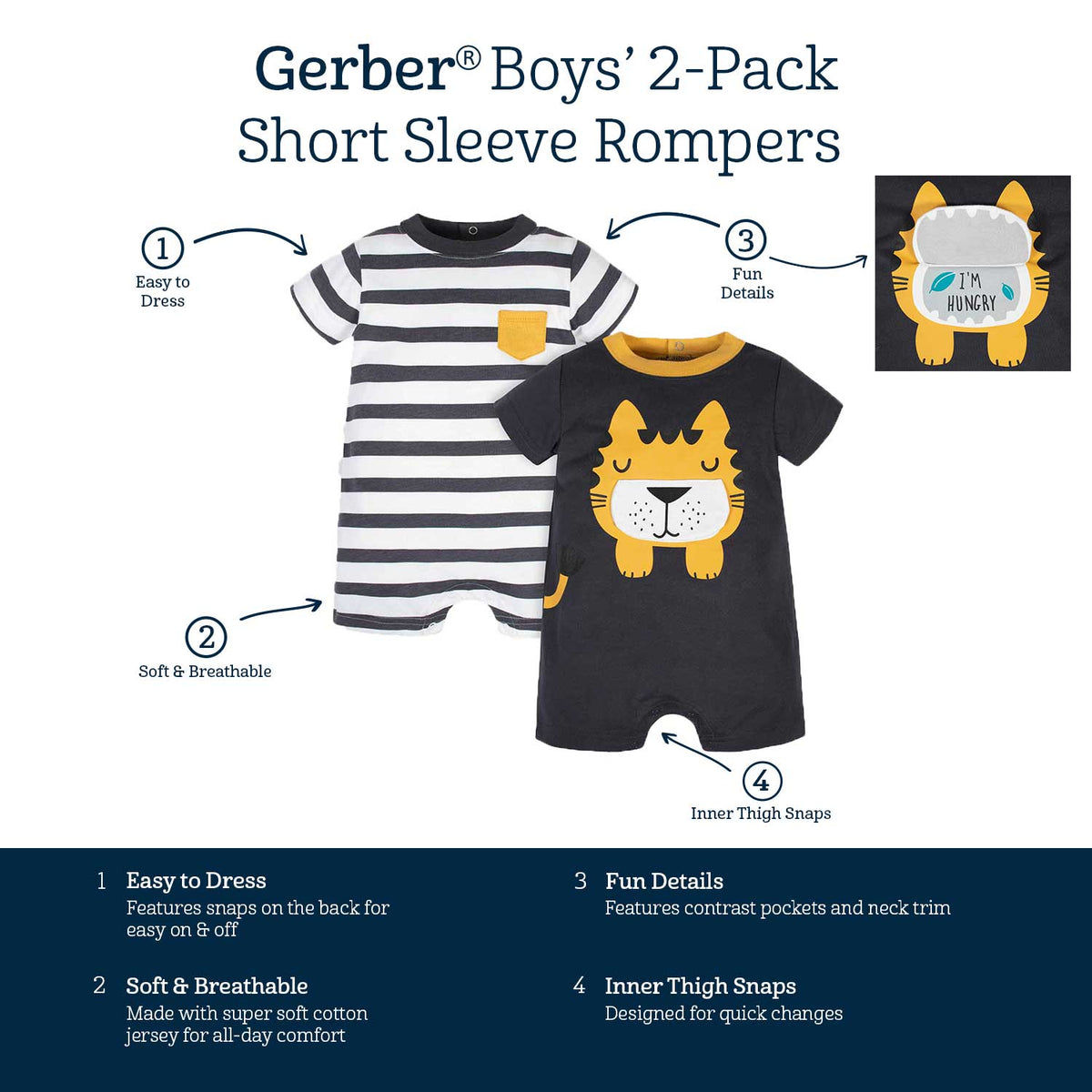 2-Pack Baby Boys Wild at Heart Tiger Rompers-Gerber Childrenswear Wholesale