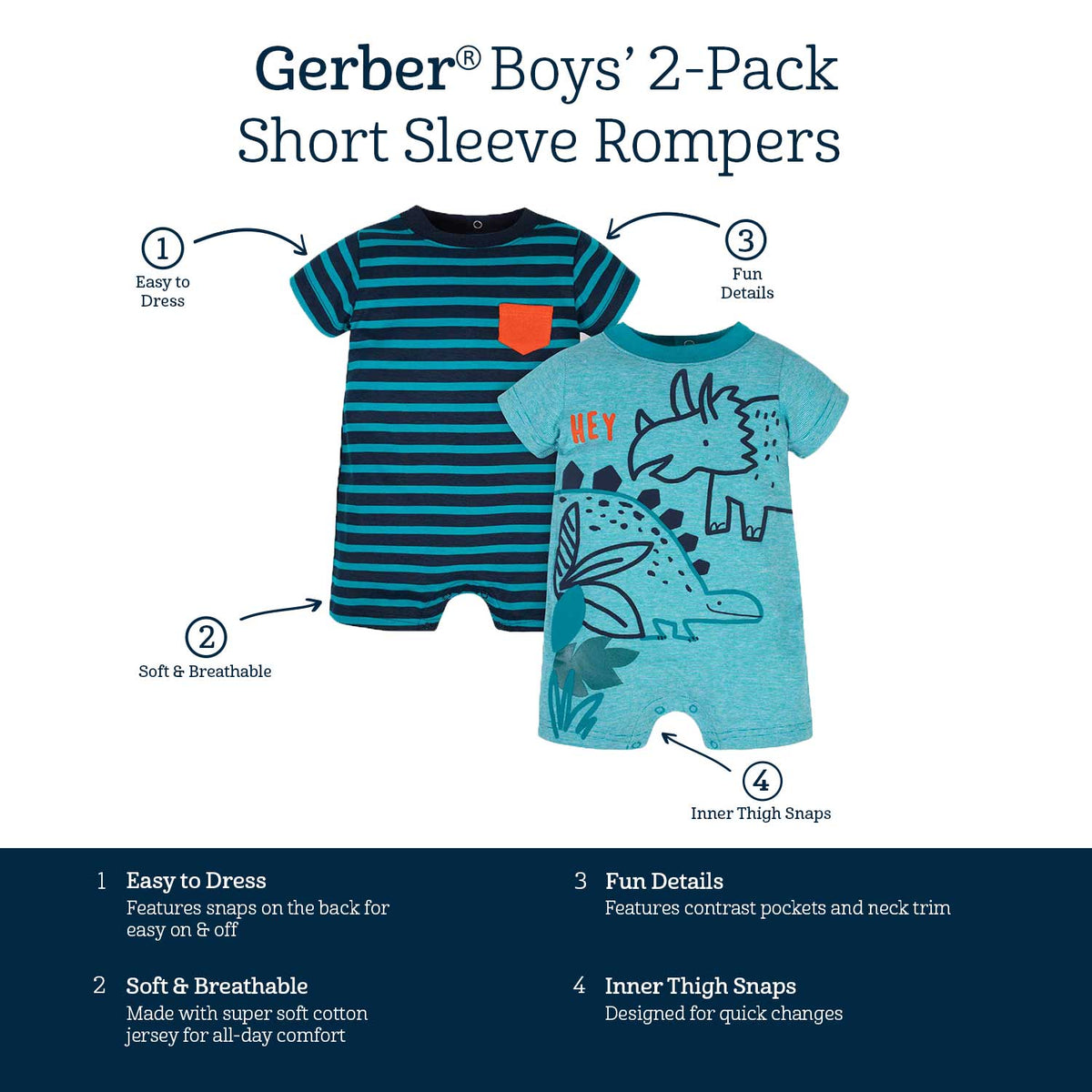2-Pack Baby Boys Dino Blues Rompers-Gerber Childrenswear Wholesale