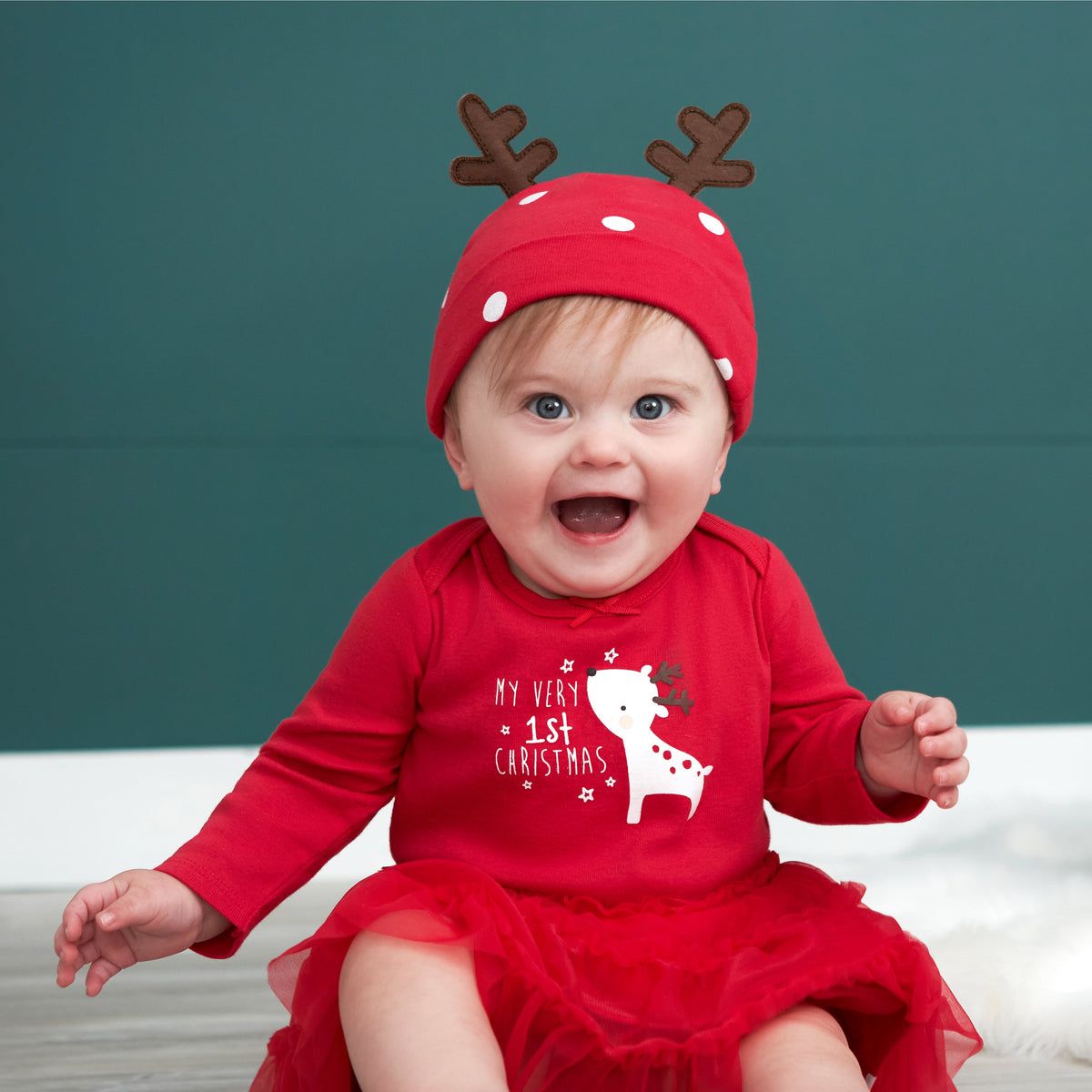 2-Piece Baby Girls Reindeer Skirted Onesies Bodysuit & Cap, lifestyle photo 1