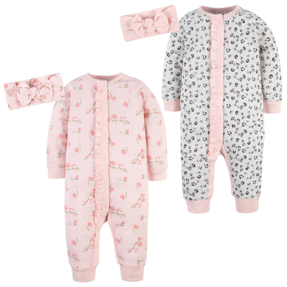 4-Piece Baby Girls Leopard/Floral Coveralls & Headbands Set