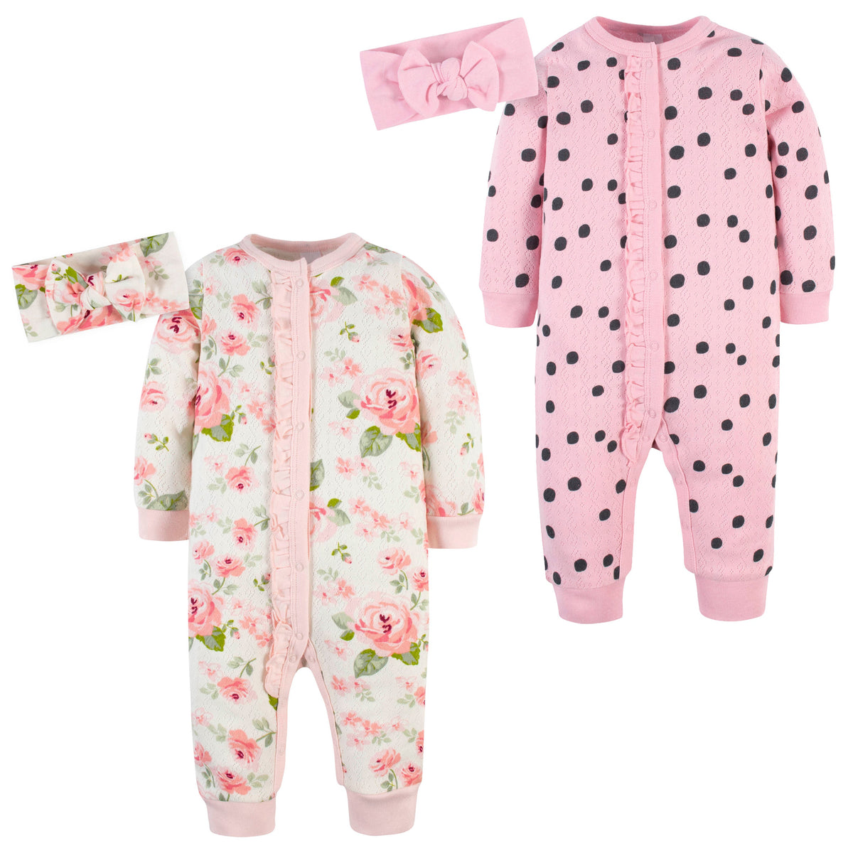 4-Piece Baby Girls Dots/Roses Coveralls & Headbands Set