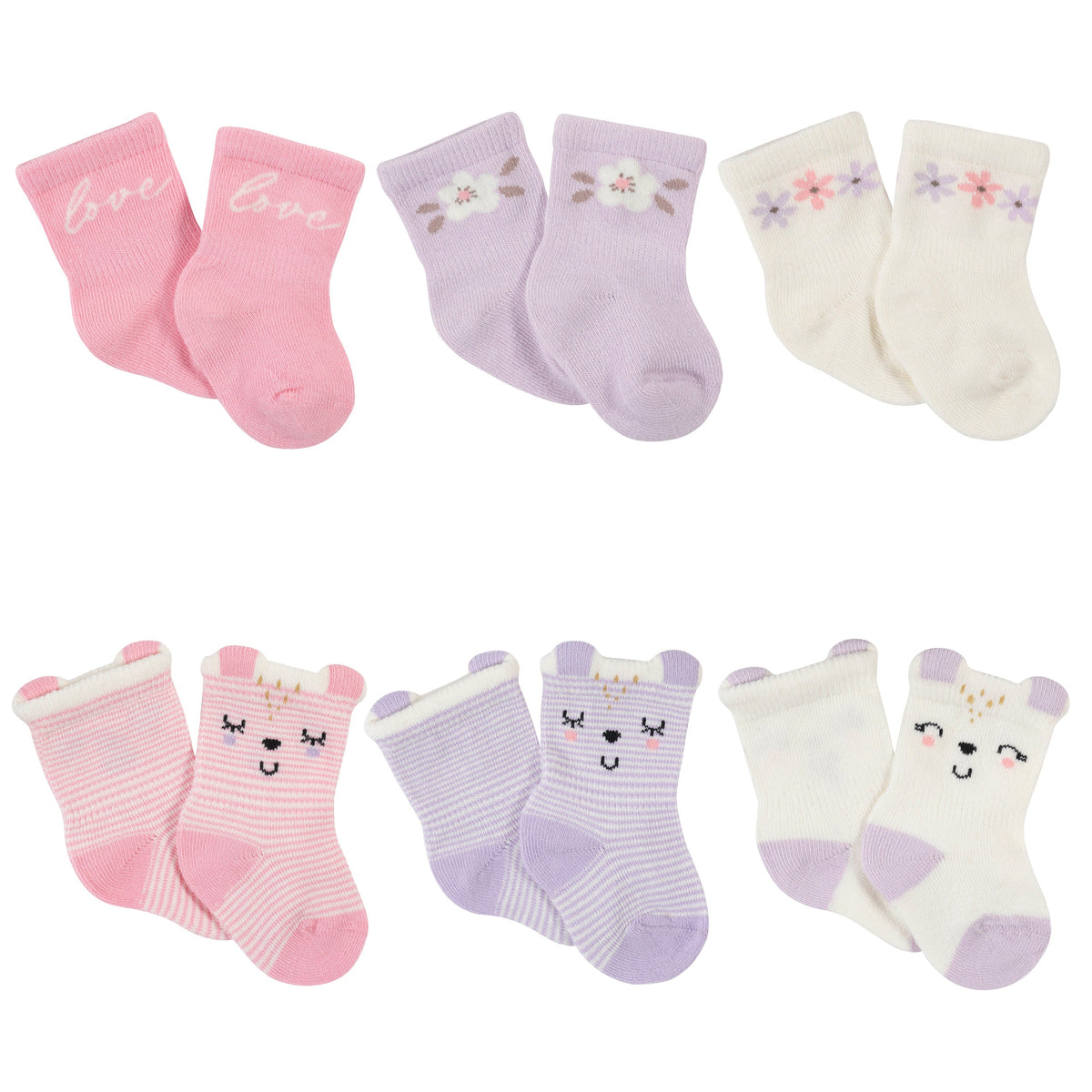 6-Pack Baby Girls Bunny Ballerina Wiggle-Proof Jersey Crew Socks