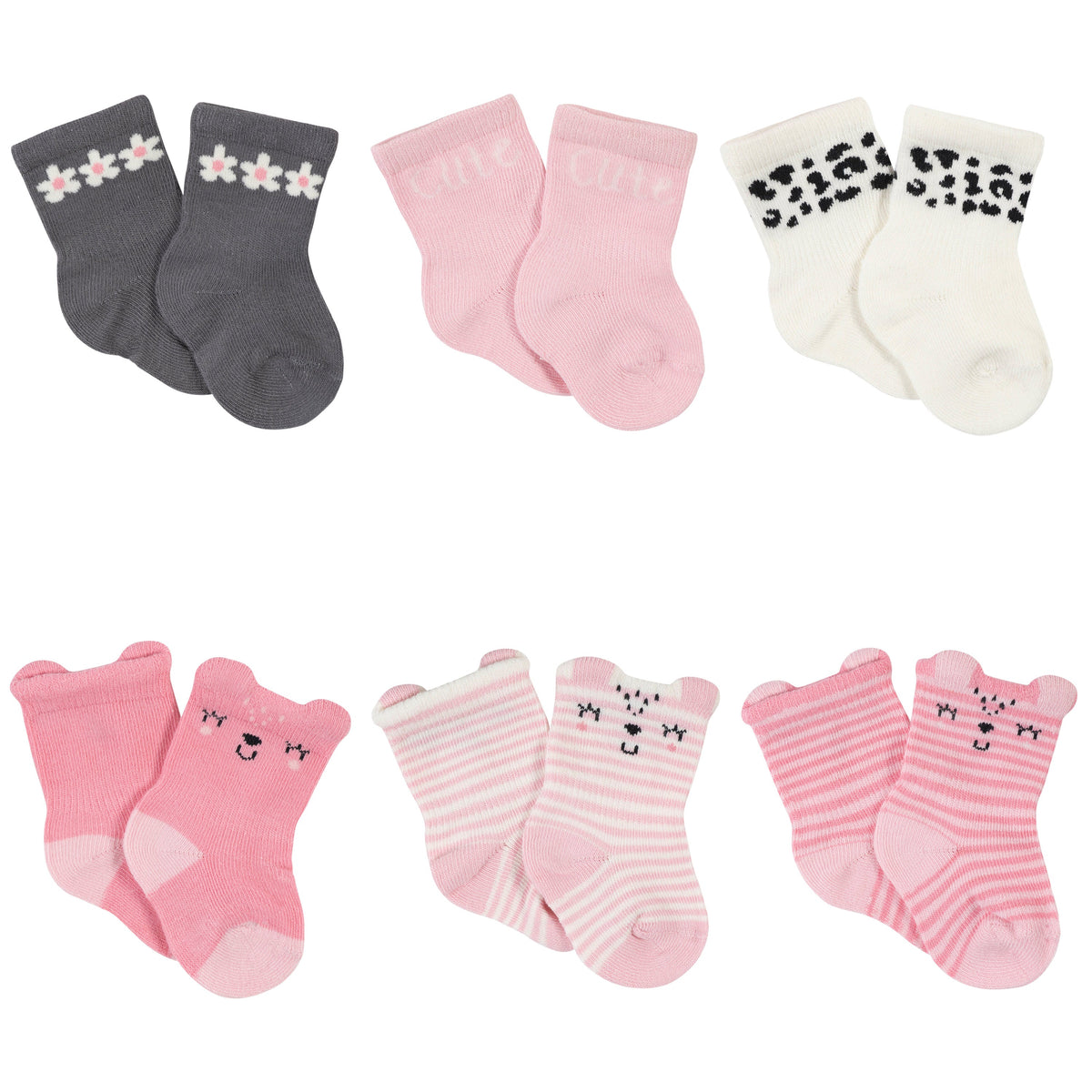 6-Pack Baby Girls Leopard Wiggle-Proof Jersey Crew Socks