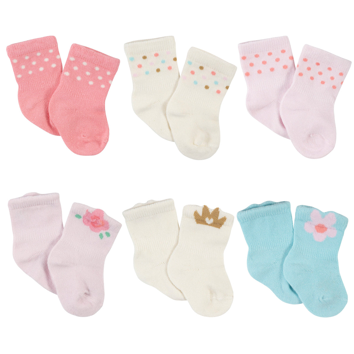6-Pack Baby Girls Princess Wiggle-Proof Jersey Crew Socks
