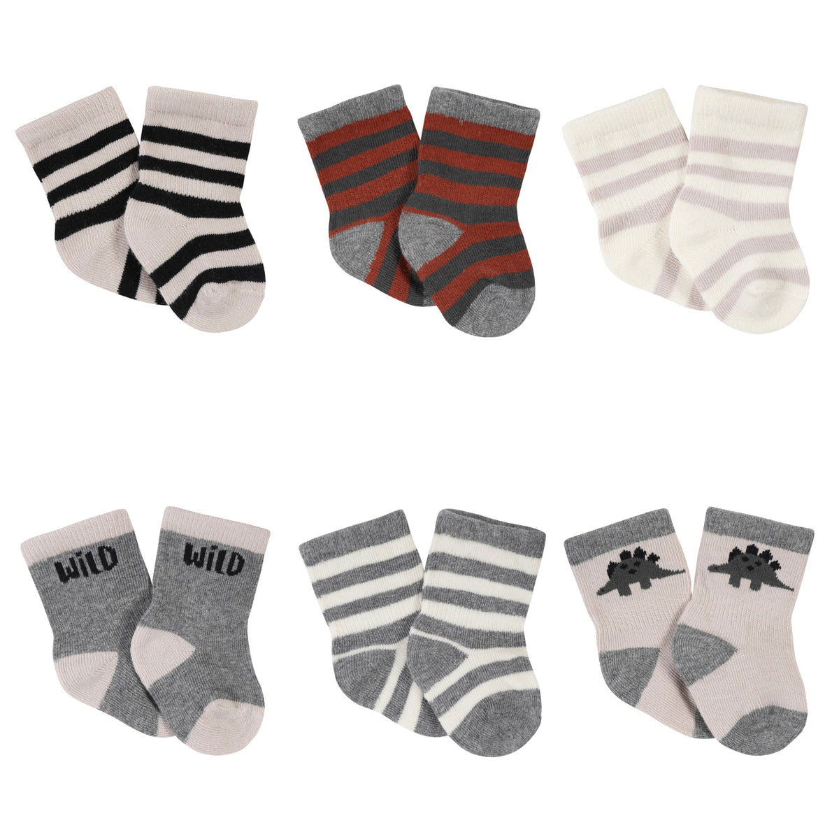 6-Pack Baby Boys Dino Wiggle-Proof Jersey Crew Socks