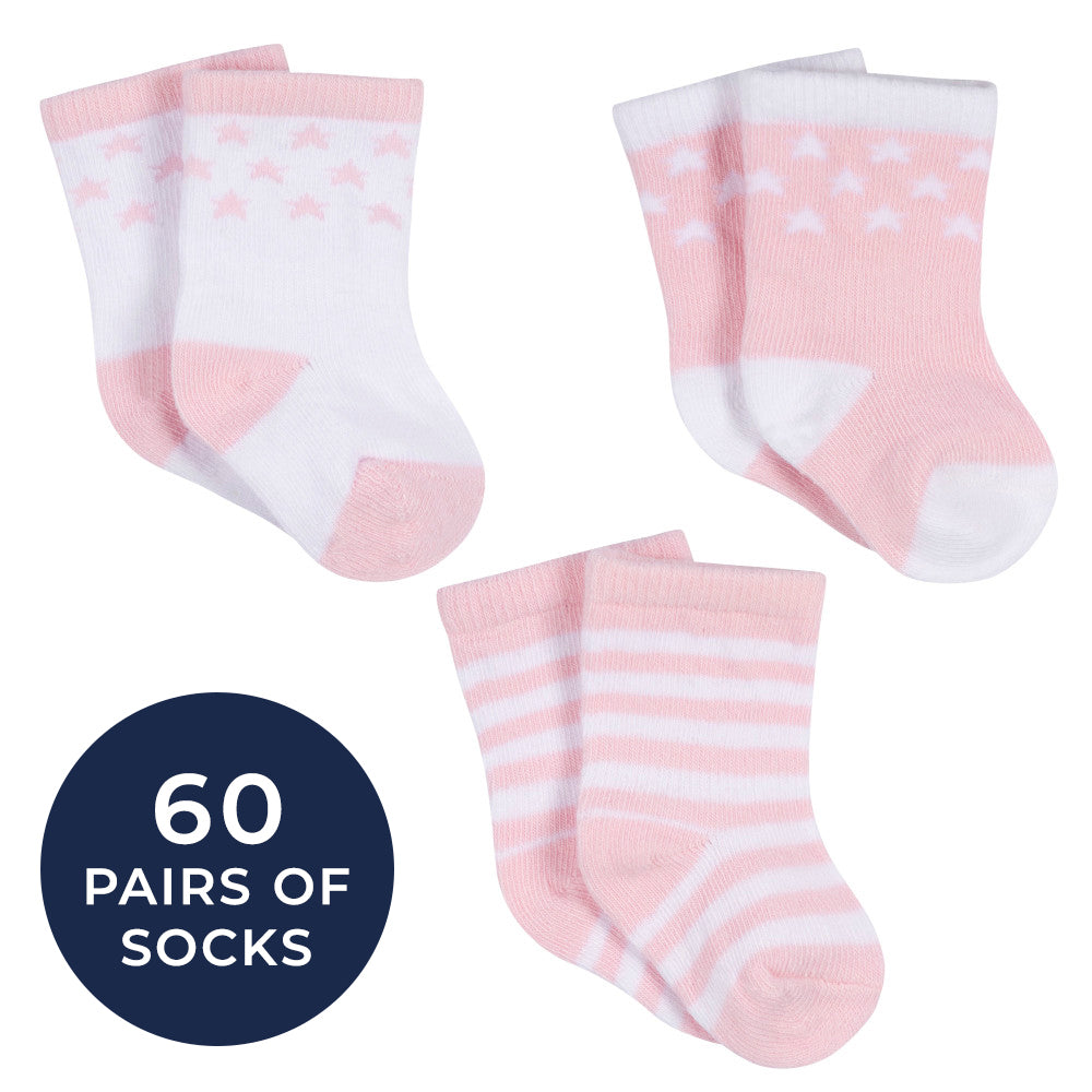 CASE of 20: 3-Pack Baby Girls Stars Jersey Crew Socks, view 1