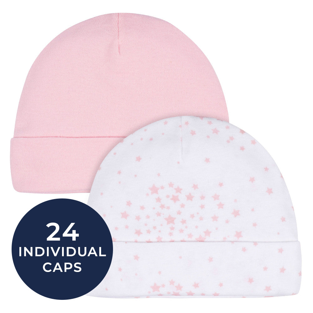 CASE of 12: 2-Pack Baby Girls Stars Caps, view 1