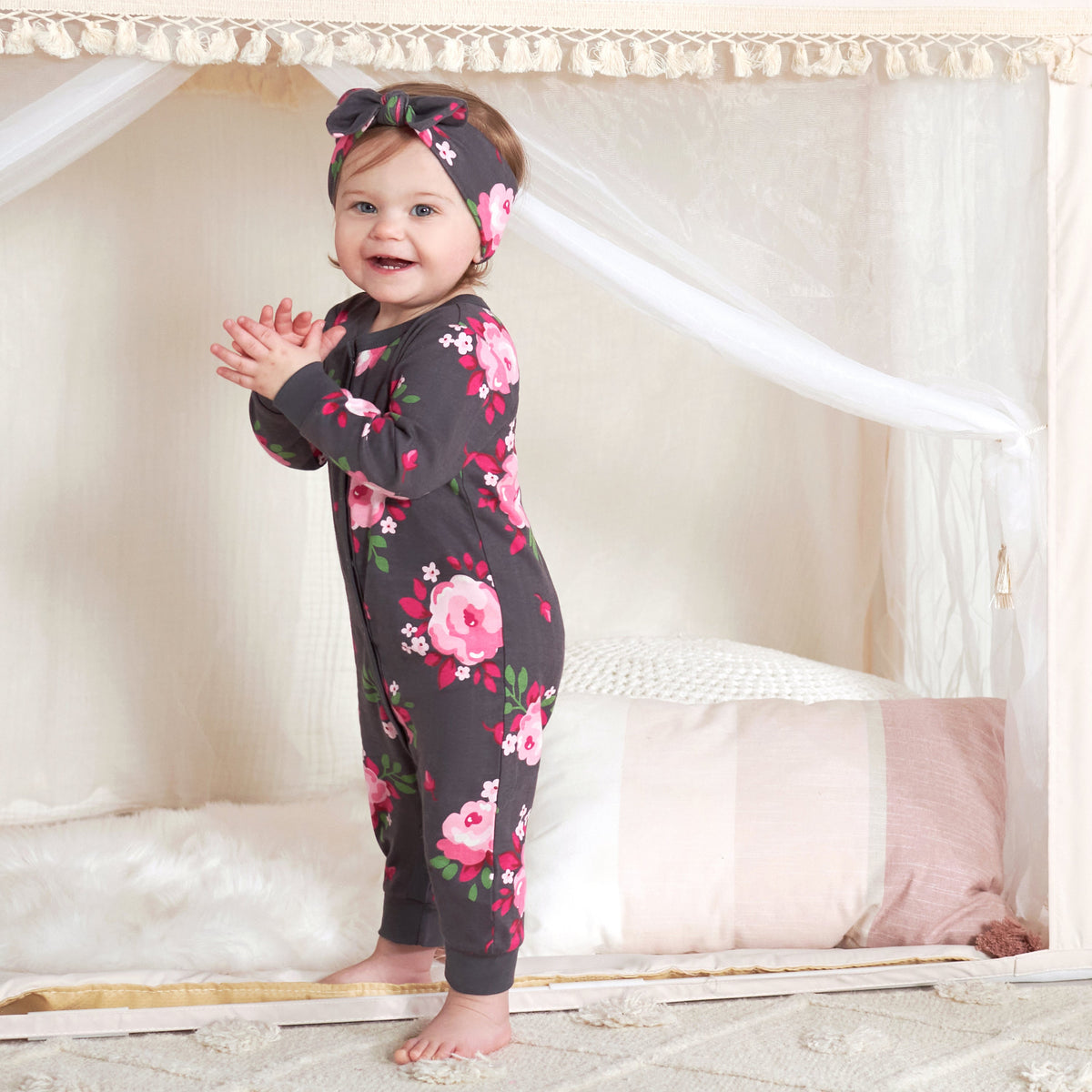 2-Piece Baby Girls Burgundy Garden Coverall & Headband Set, lifestyle photo 1