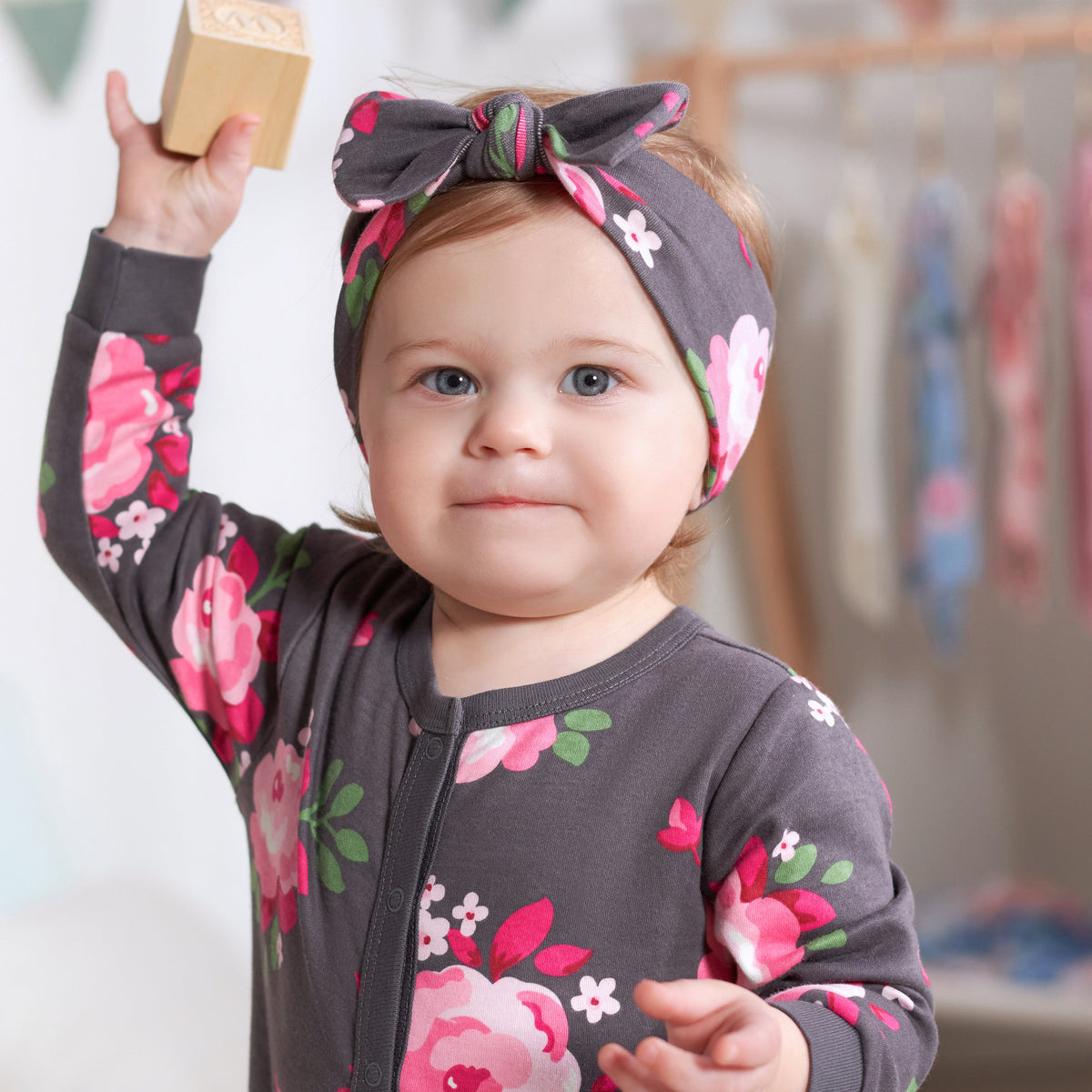 2-Piece Baby Girls Burgundy Garden Coverall & Headband Set, lifestyle photo 4