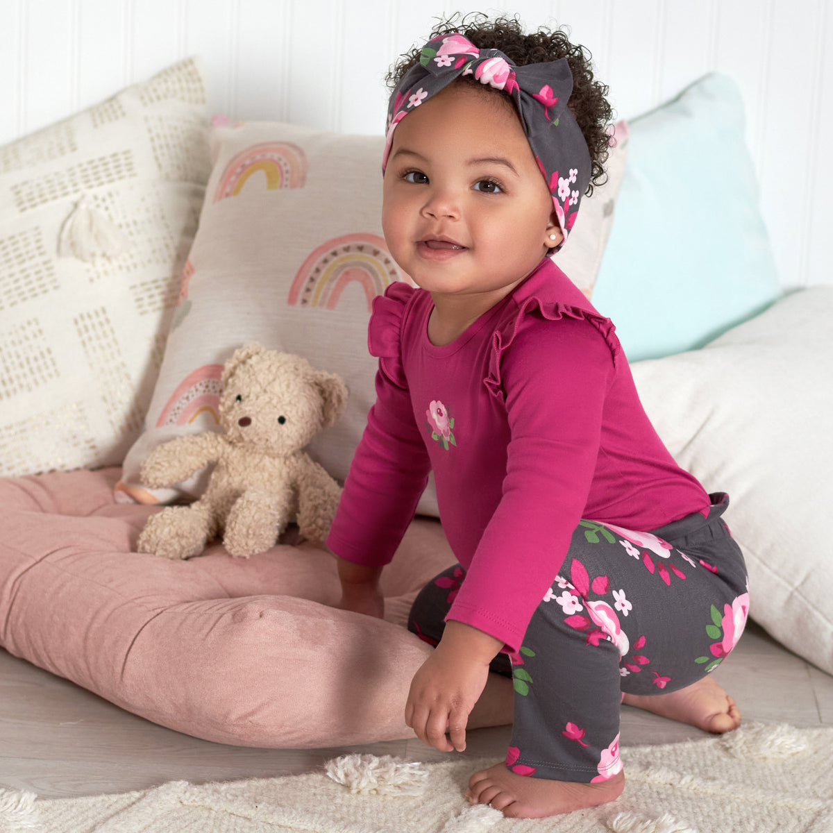 3-Piece Baby Girls Burgundy Garden Onesies Bodysuit, Pants & Headband Set, lifestyle photo 5