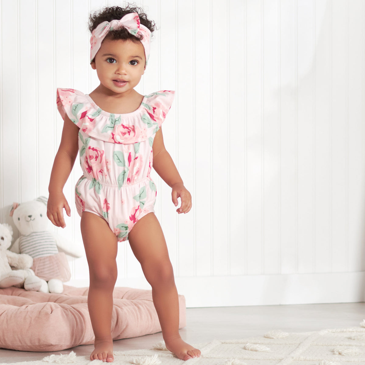 2-Piece Baby Girls Pink Garden Wide Neck Romper & Headband Set, lifestyle photo 1