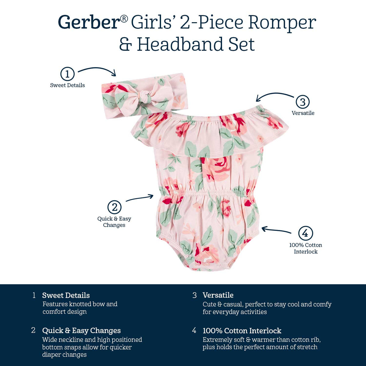 2-Piece Baby Girls Pink Garden Wide Neck Romper & Headband Set-Gerber Childrenswear Wholesale