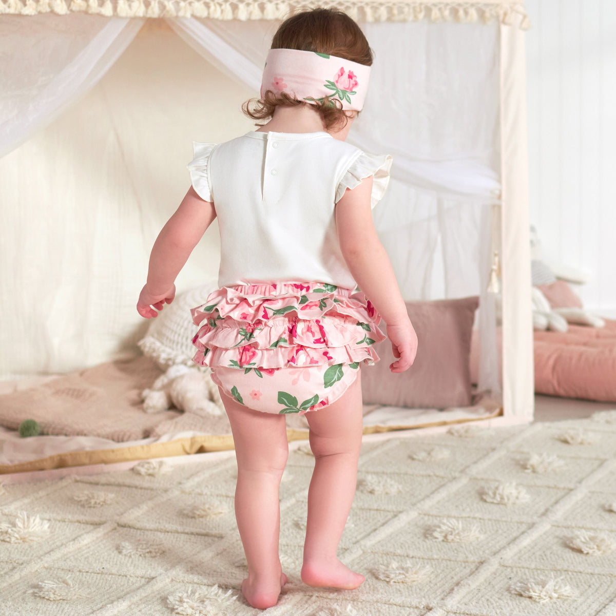 3-Piece Baby Girls Pink Garden Onesies Bodysuit, Diaper Cover & Headband Set, lifestyle photo 2