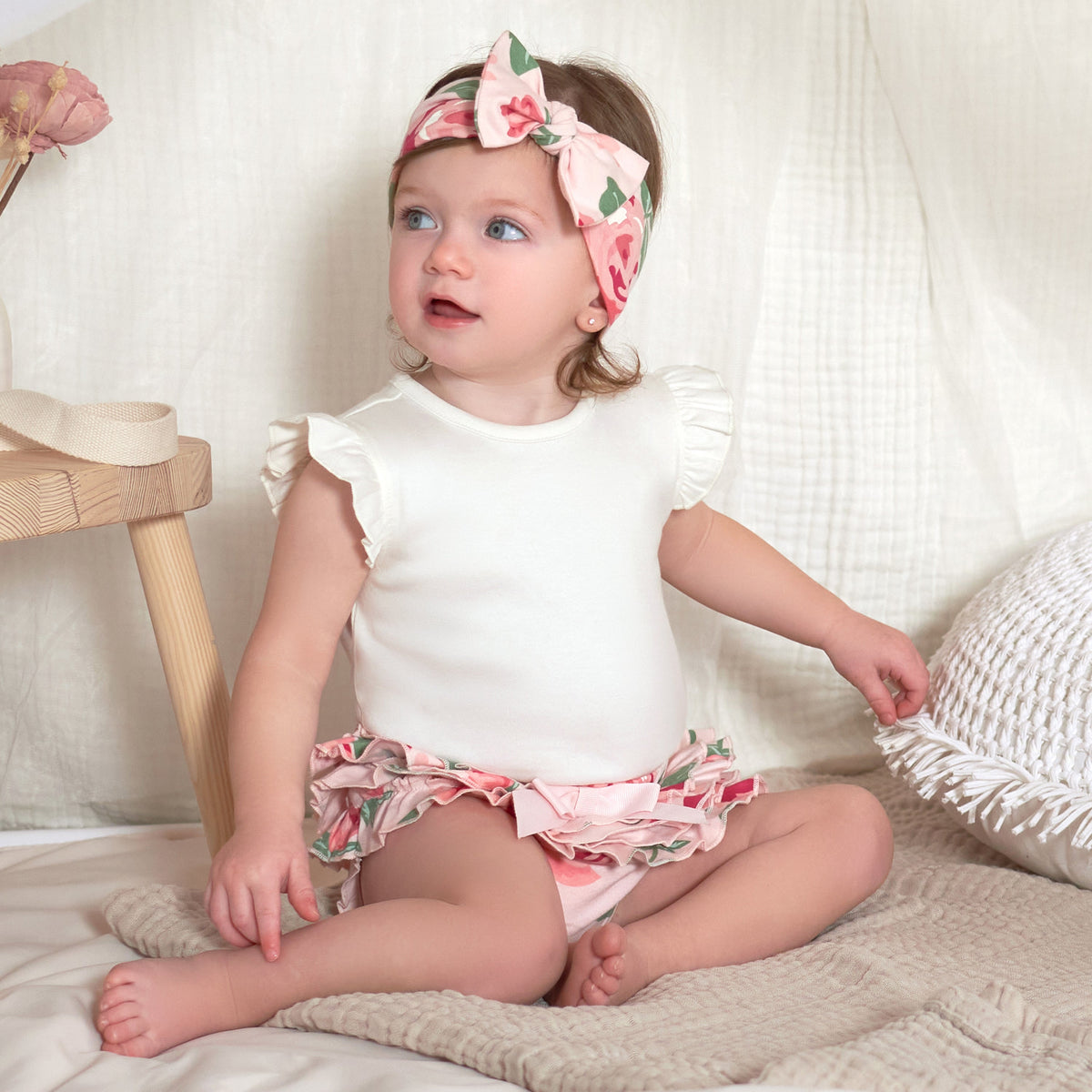 3-Piece Baby Girls Pink Garden Onesies Bodysuit, Diaper Cover & Headband Set, lifestyle photo 4