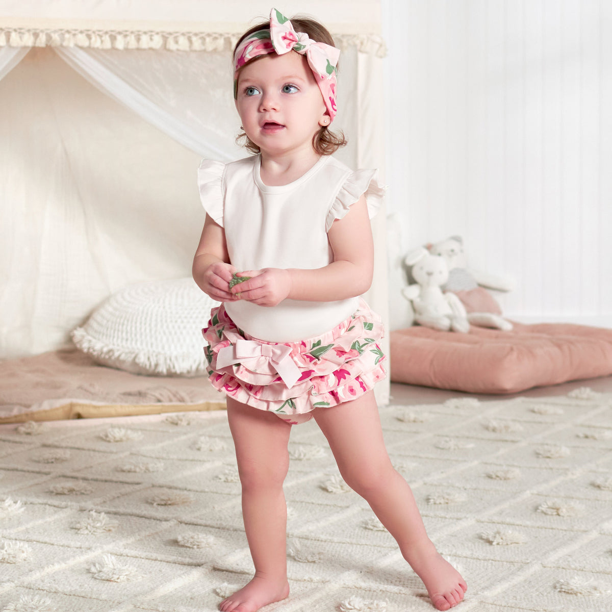 3-Piece Baby Girls Pink Garden Onesies Bodysuit, Diaper Cover & Headband Set, lifestyle photo 5