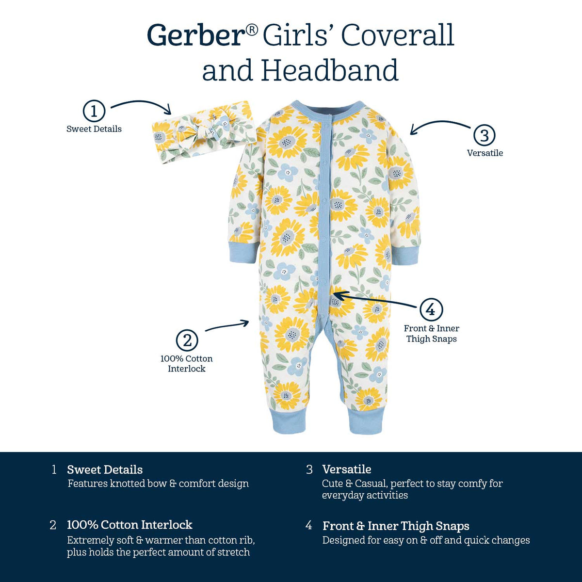 2-Piece Baby Girls Sunny Garden Coverall & Headband Set-Gerber Childrenswear Wholesale