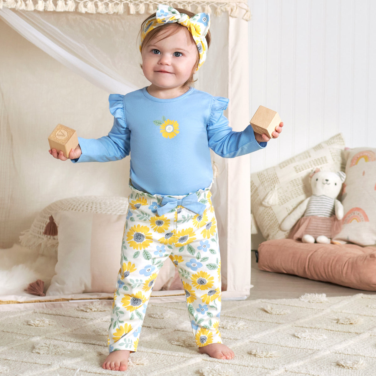 3-Piece Baby Girls Sunny Garden Onesies Bodysuit, Pants & Headband Set, lifestyle photo 1