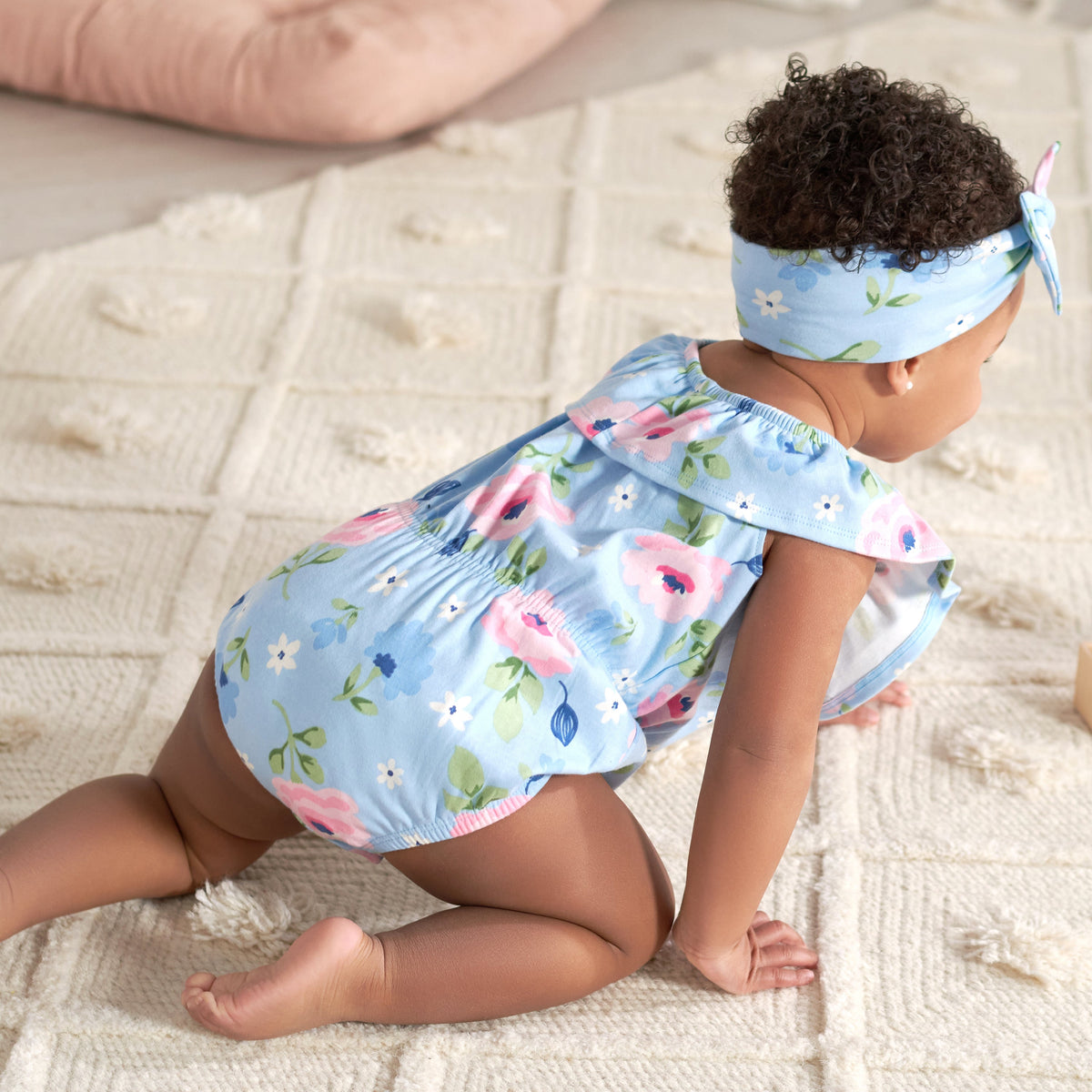 2-Piece Baby Girls Periwinkle Garden Wide Neck Romper & Headband Set, lifestyle photo 3