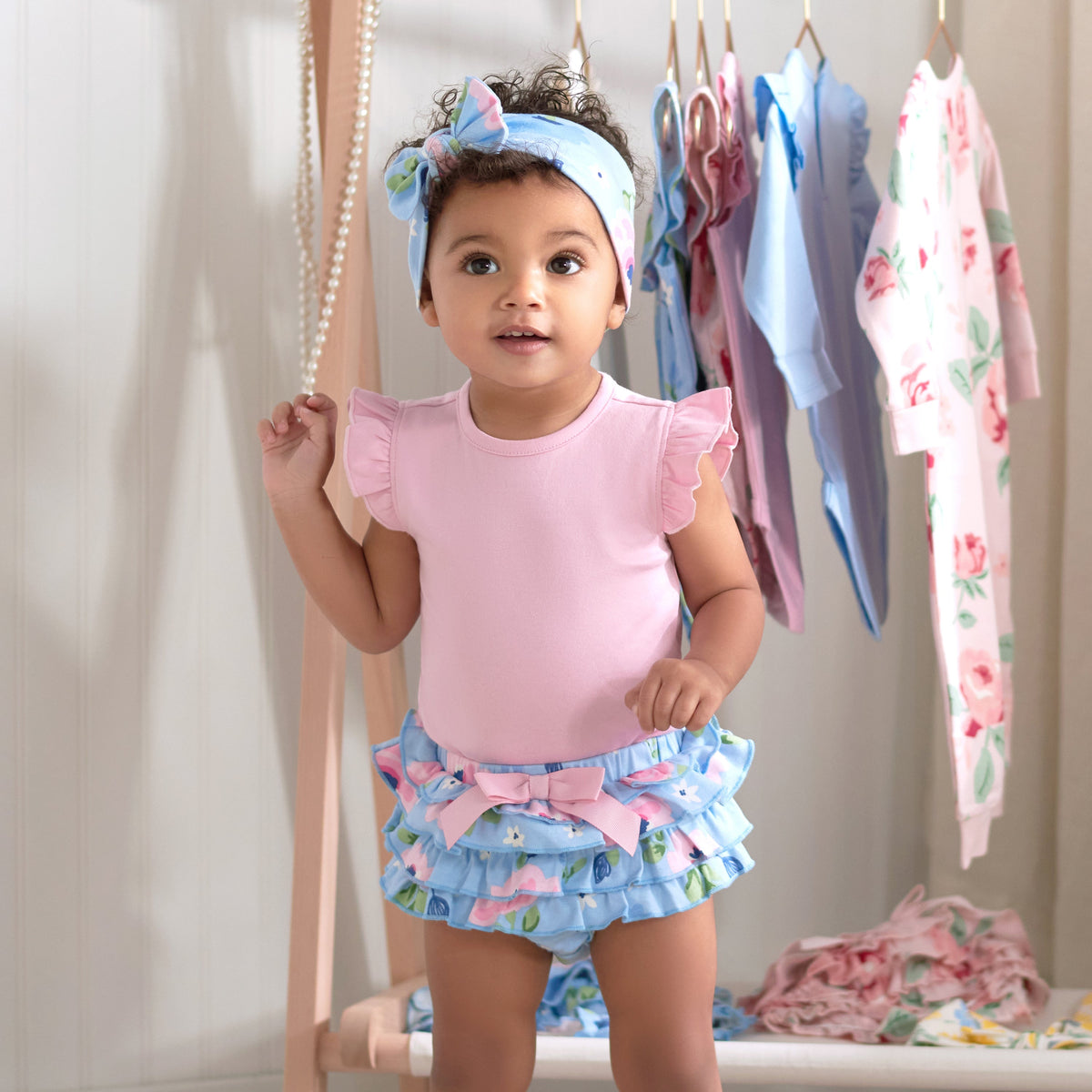 3-Piece Baby Girls Periwinkle Garden Onesies Bodysuit, Diaper Cover & Headband Set, lifestyle photo 1