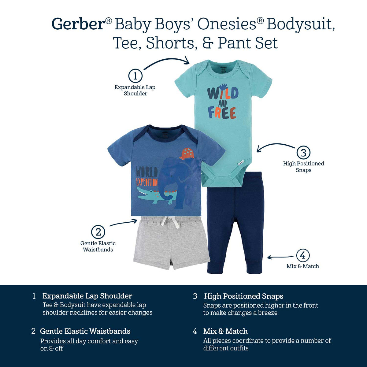 4-Piece Baby Boys Wild & Free Onesies® Bodysuit, Tee, Shorts & Pant Set-Gerber Childrenswear Wholesale