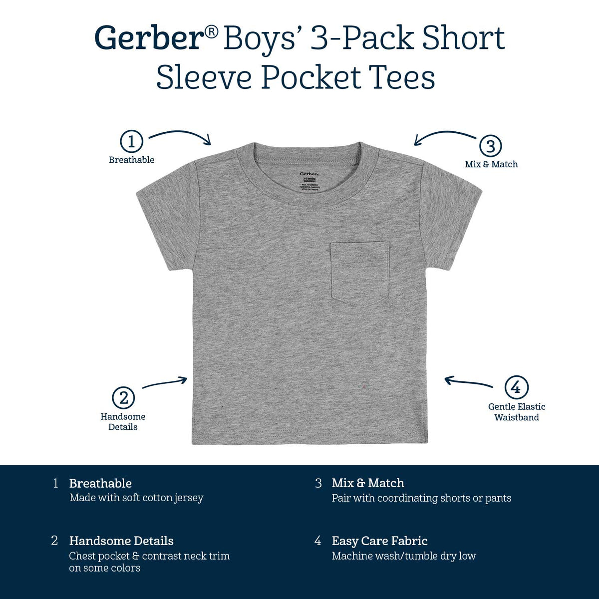 3-Pack Baby & Toddler Boys Neat Neutrals Short Sleeve Pocket Tees-Gerber Childrenswear Wholesale