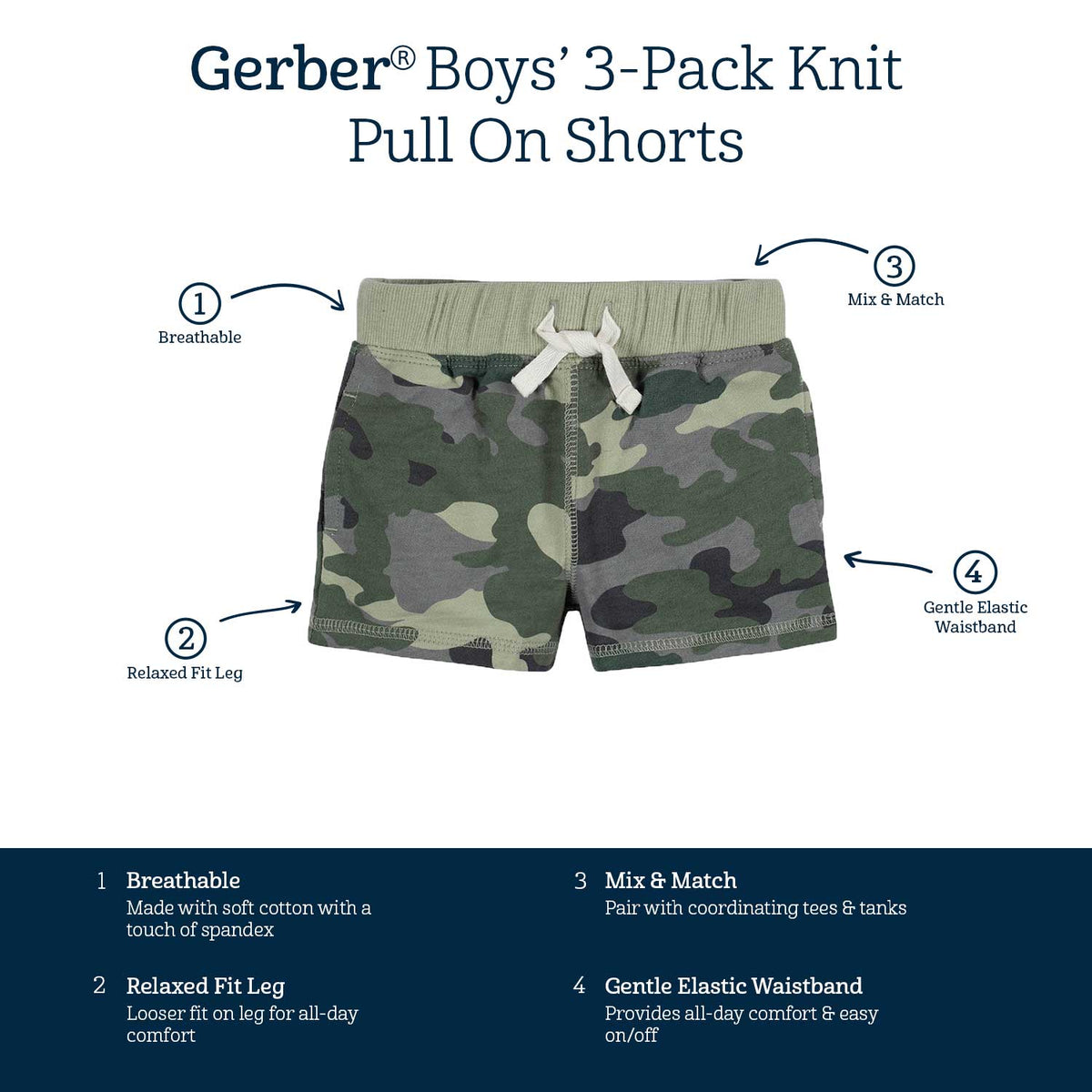 3-Pack Baby & Toddler Boys Color Me Camo Pull-On Knit Shorts-Gerber Childrenswear Wholesale