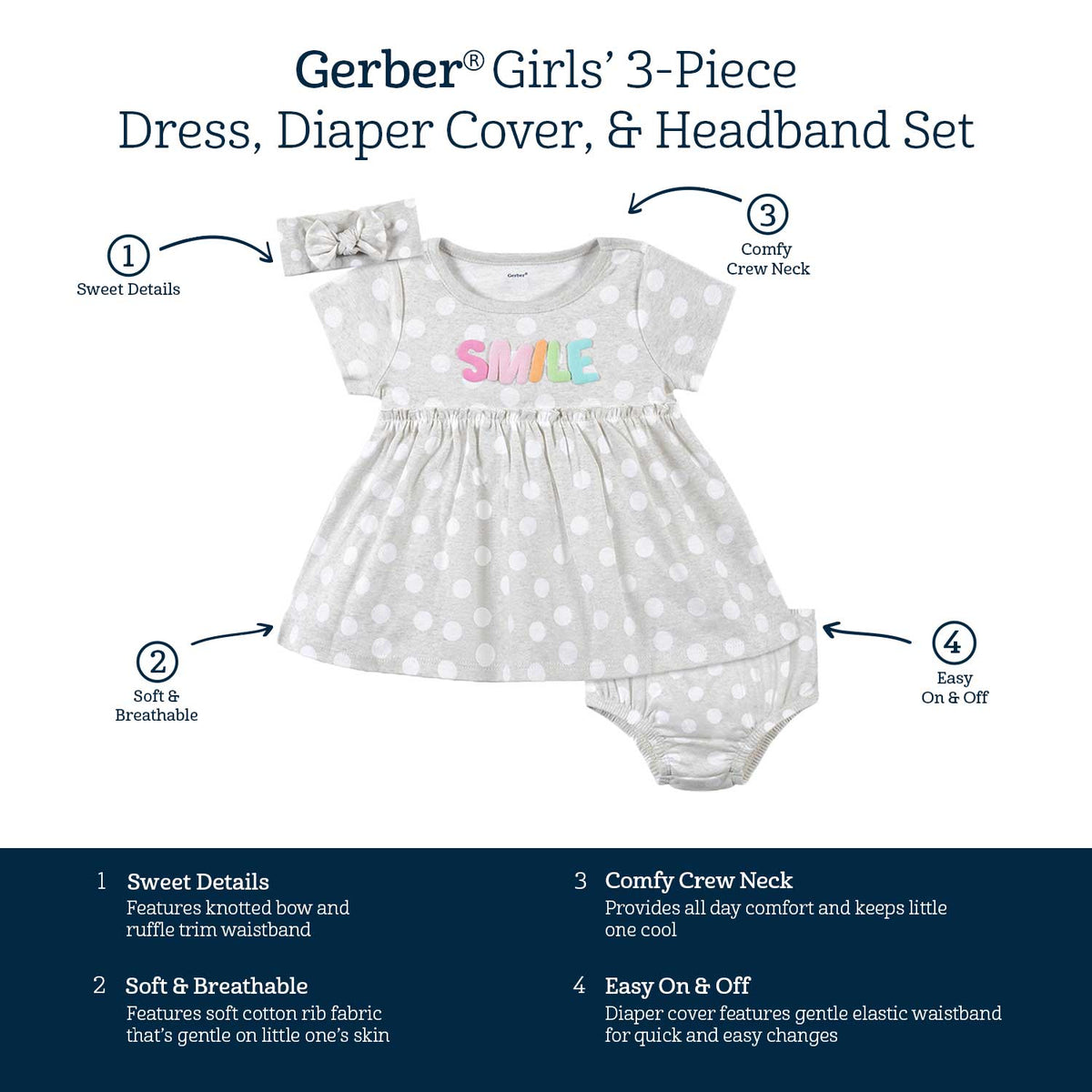 3-Piece Baby & Toddler Girls Dots Of Rainbows Dress, Diaper Cover & Headband Set-Gerber Childrenswear Wholesale