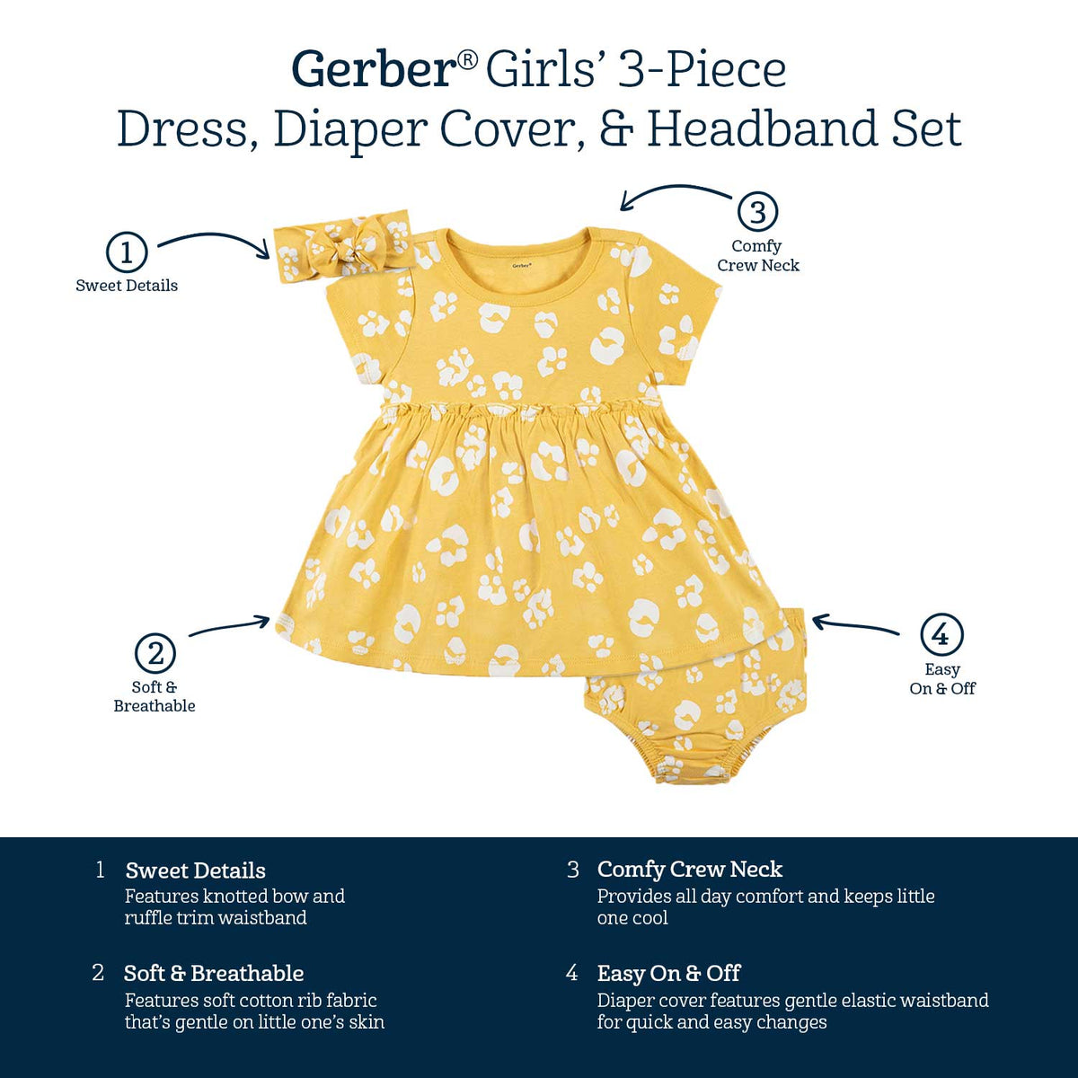 3-Piece Baby & Toddler Girls Purrfectly Wild Dress, Diaper Cover & Headband Set-Gerber Childrenswear Wholesale